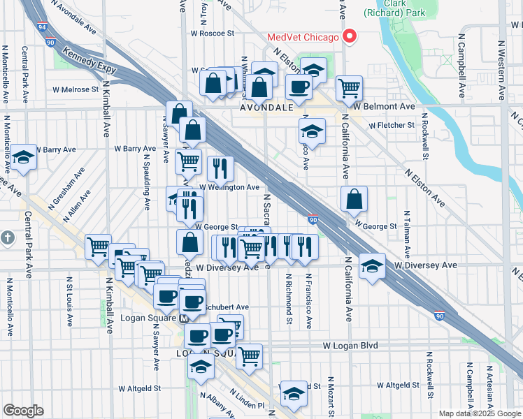 map of restaurants, bars, coffee shops, grocery stores, and more near 2922 North Sacramento Avenue in Chicago