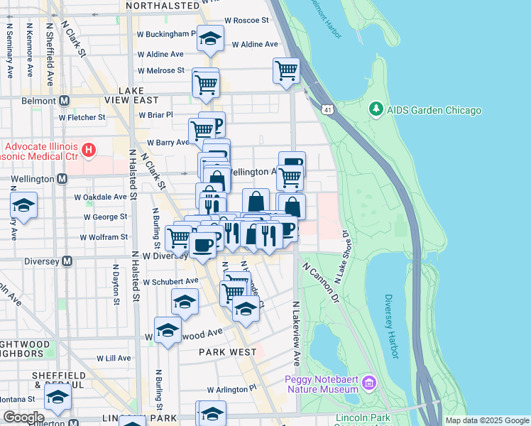 map of restaurants, bars, coffee shops, grocery stores, and more near 438 West Surf Street in Chicago