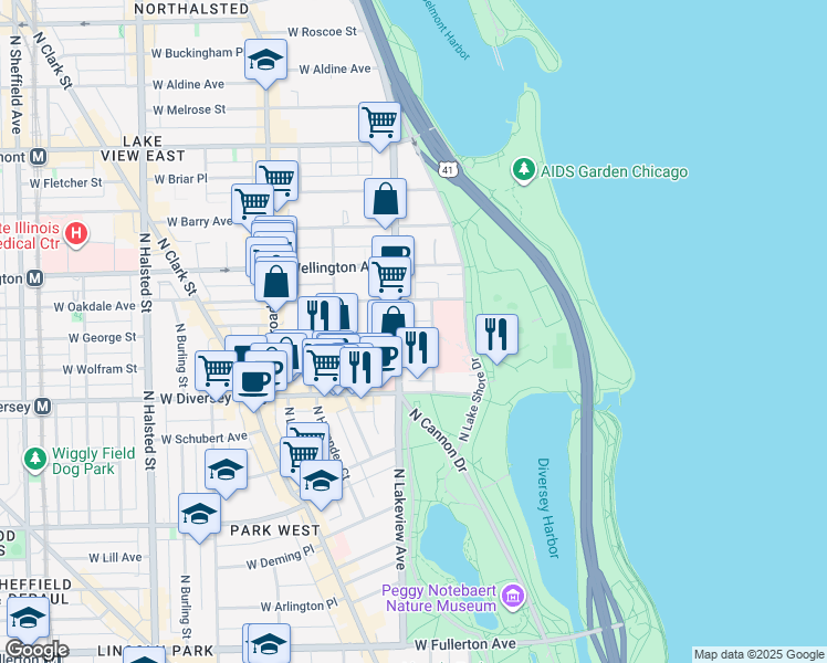map of restaurants, bars, coffee shops, grocery stores, and more near 2909 North Sheridan Road in Chicago