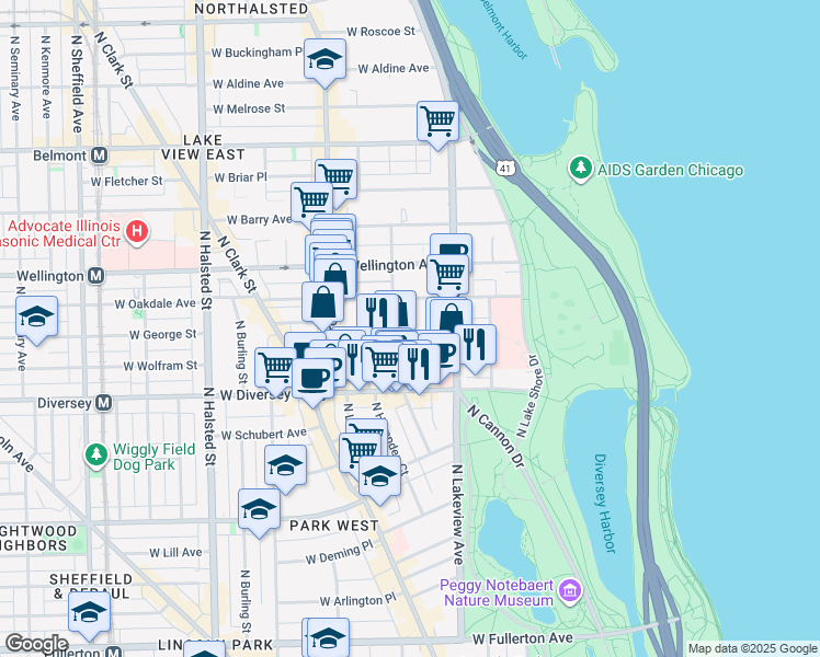map of restaurants, bars, coffee shops, grocery stores, and more near 438 West Surf Street in Chicago