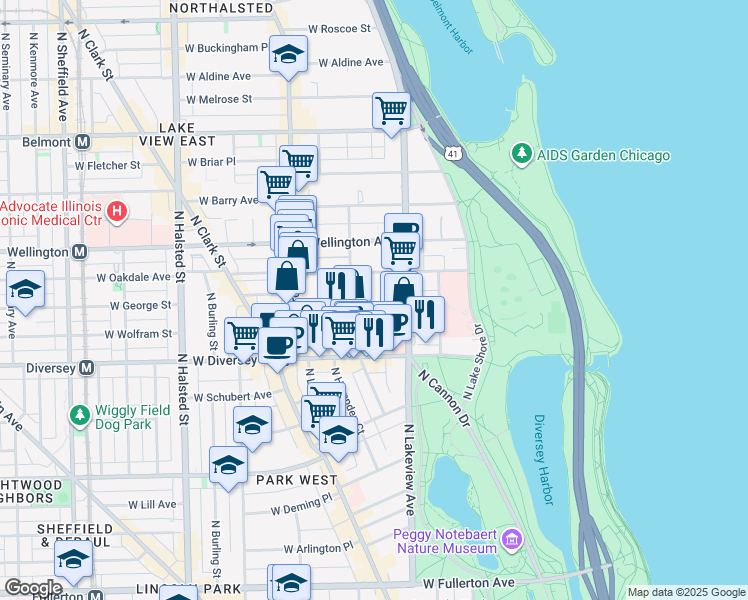 map of restaurants, bars, coffee shops, grocery stores, and more near 428 West Surf Street in Chicago