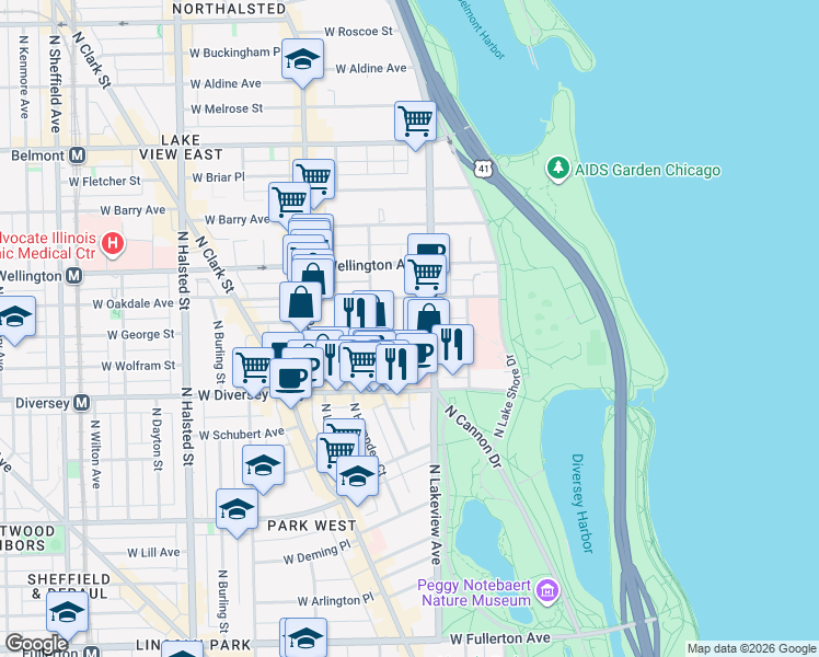 map of restaurants, bars, coffee shops, grocery stores, and more near 420 West Surf Street in Chicago