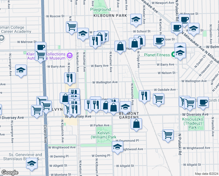 map of restaurants, bars, coffee shops, grocery stores, and more near 2940 North Kostner Avenue in Chicago