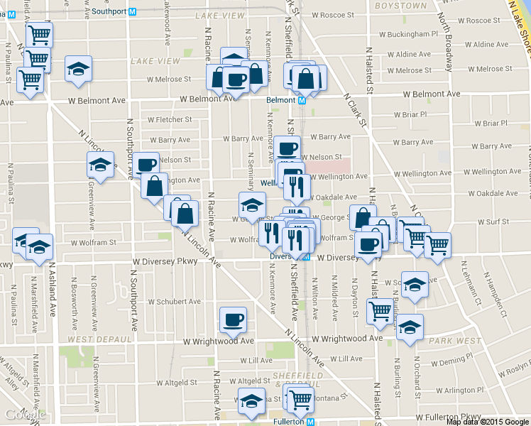 map of restaurants, bars, coffee shops, grocery stores, and more near 2851 North Seminary Avenue in Chicago