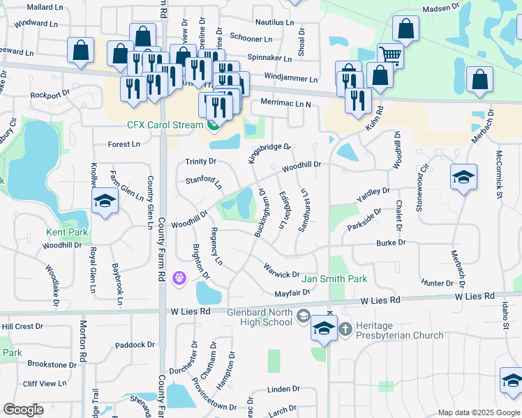 map of restaurants, bars, coffee shops, grocery stores, and more near 1118 Buckingham Drive in Carol Stream