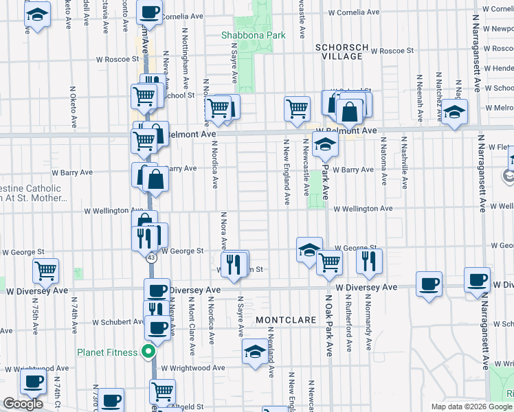 map of restaurants, bars, coffee shops, grocery stores, and more near 6934 West Oakdale Avenue in Chicago