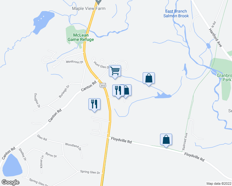 map of restaurants, bars, coffee shops, grocery stores, and more near 7 Mill Pond Drive in Granby