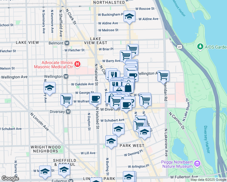 map of restaurants, bars, coffee shops, grocery stores, and more near 2884 North Clark Street in Chicago