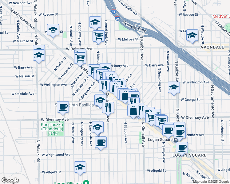 map of restaurants, bars, coffee shops, grocery stores, and more near 2931 North Milwaukee Avenue in Chicago