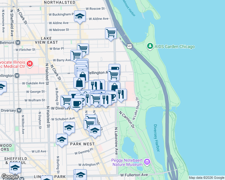 map of restaurants, bars, coffee shops, grocery stores, and more near 429 West Surf Street in Chicago