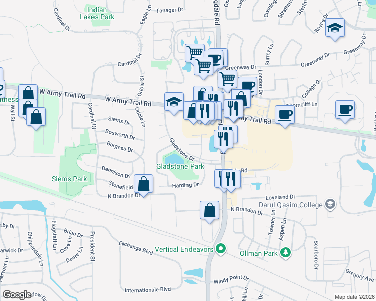map of restaurants, bars, coffee shops, grocery stores, and more near 148 Gladstone Drive in Glendale Heights