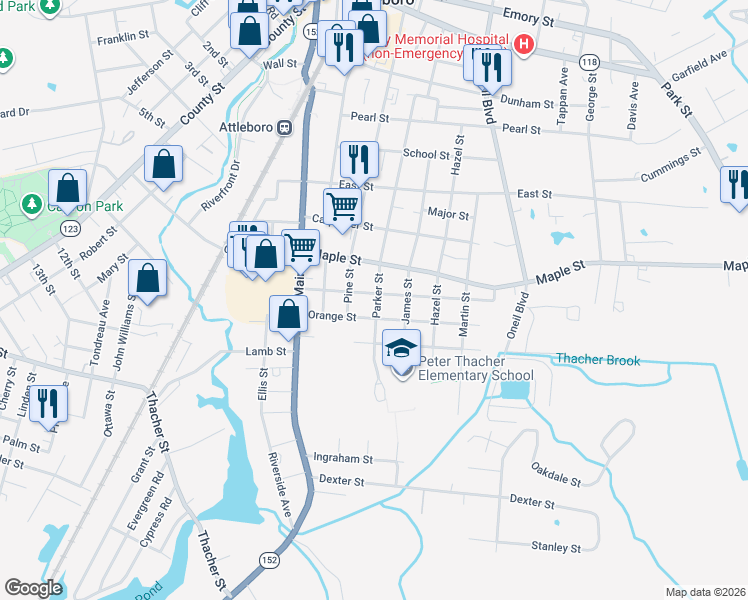 map of restaurants, bars, coffee shops, grocery stores, and more near 37 Orange Street in Attleboro