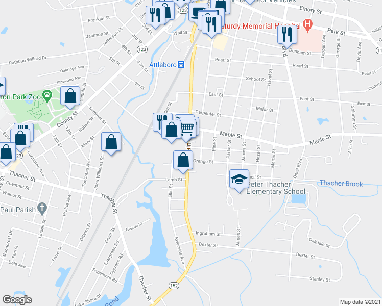 map of restaurants, bars, coffee shops, grocery stores, and more near 5 Orange Street in Attleboro