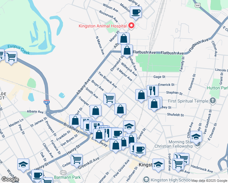 map of restaurants, bars, coffee shops, grocery stores, and more near 137 Bruyn Avenue in Kingston
