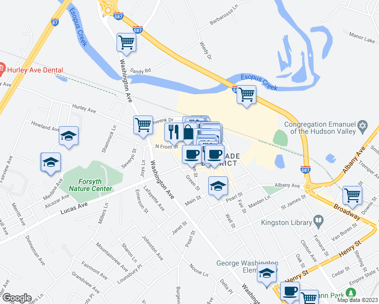 map of restaurants, bars, coffee shops, grocery stores, and more near 89 John Street in Kingston