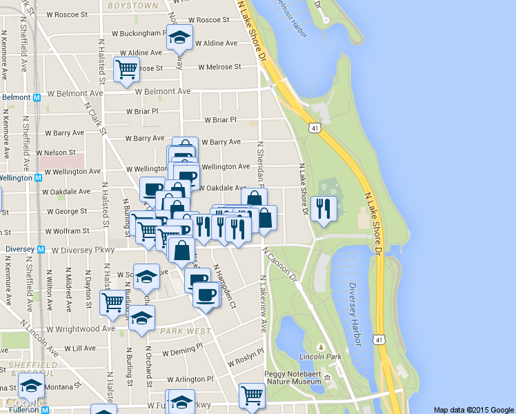 map of restaurants, bars, coffee shops, grocery stores, and more near 2845 North Sheridan Road in Chicago