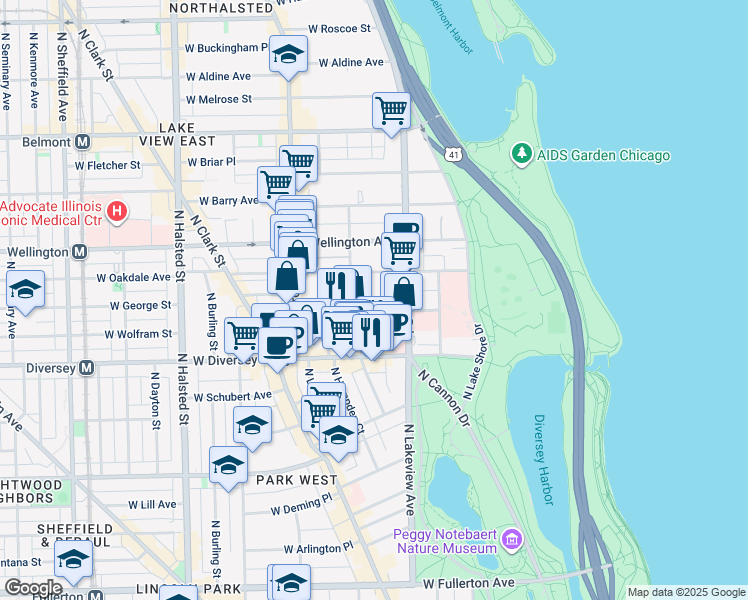map of restaurants, bars, coffee shops, grocery stores, and more near 429 West Surf Street in Chicago