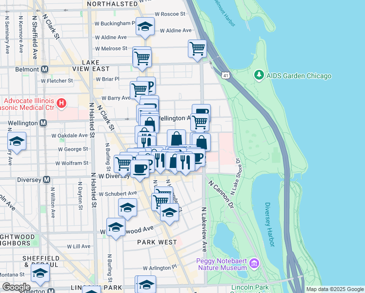 map of restaurants, bars, coffee shops, grocery stores, and more near 429 West Surf Street in Chicago