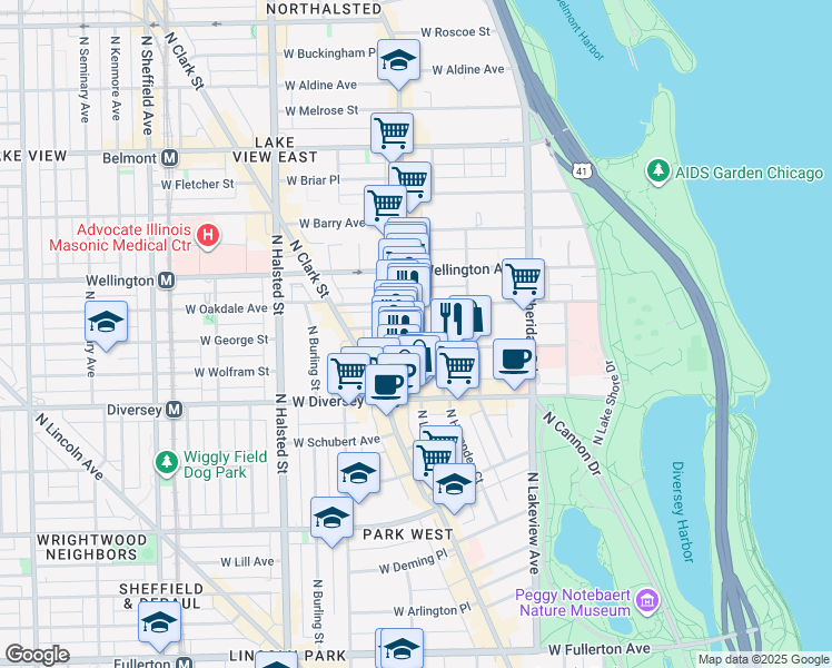 map of restaurants, bars, coffee shops, grocery stores, and more near 555 West Surf Street in Chicago