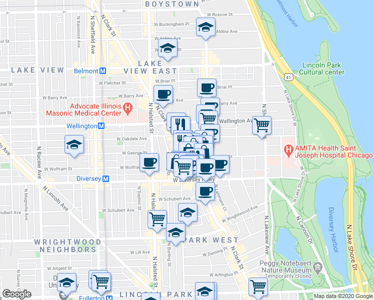 map of restaurants, bars, coffee shops, grocery stores, and more near 2848 North Orchard Street in Chicago
