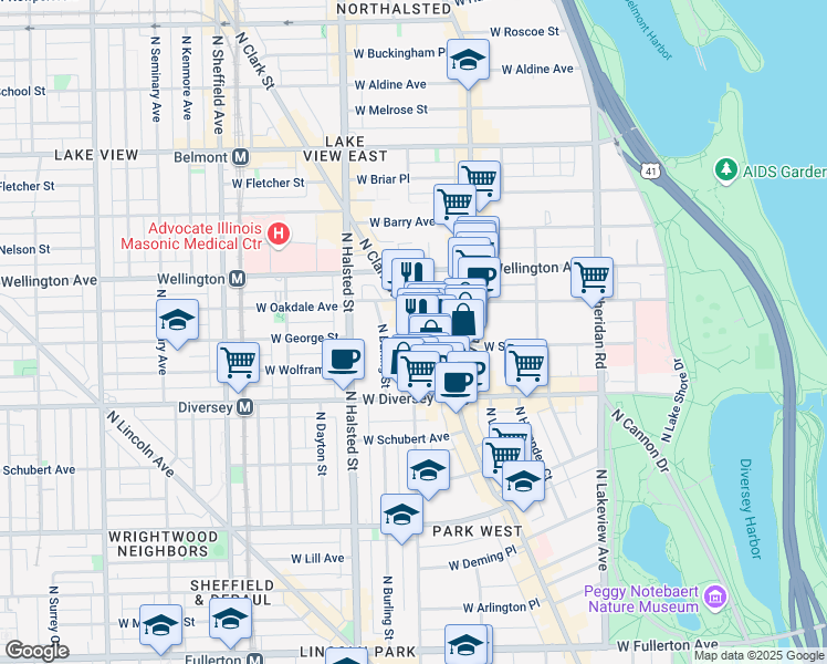map of restaurants, bars, coffee shops, grocery stores, and more near 2848 North Orchard Street in Chicago