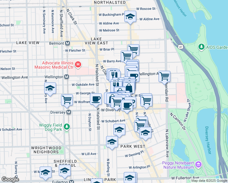 map of restaurants, bars, coffee shops, grocery stores, and more near 2848 North Orchard Street in Chicago