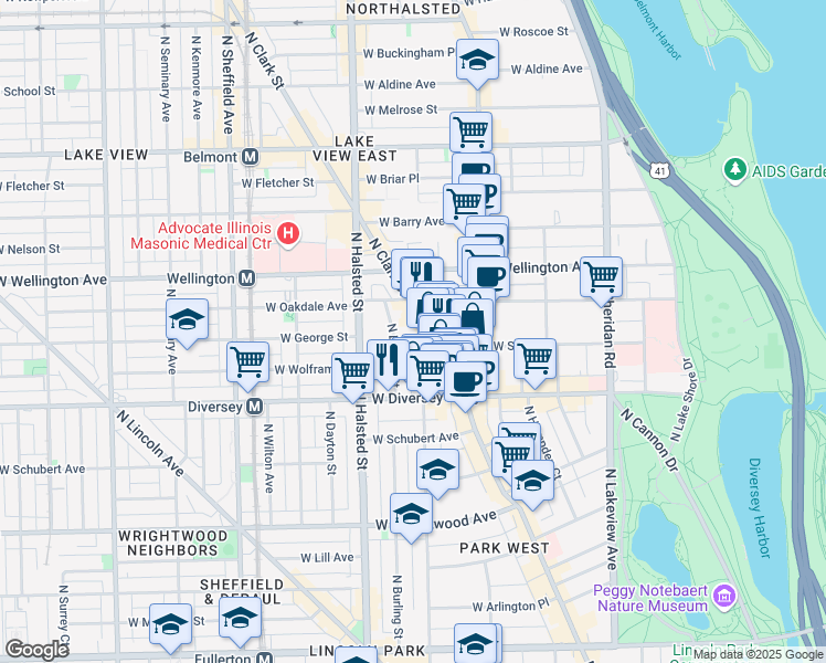 map of restaurants, bars, coffee shops, grocery stores, and more near 2848 North Orchard Street in Chicago