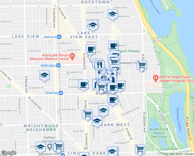 map of restaurants, bars, coffee shops, grocery stores, and more near 2848 North Orchard Street in Chicago