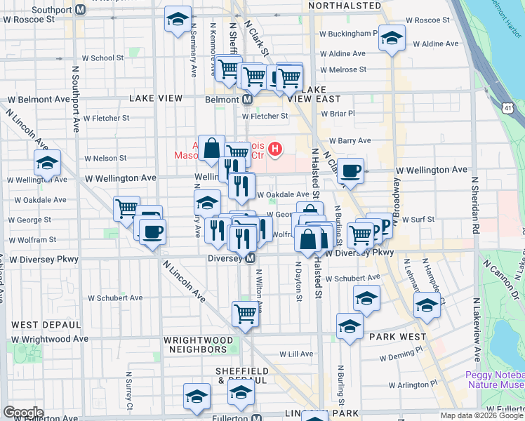 map of restaurants, bars, coffee shops, grocery stores, and more near 924 West Wolfram Street in Chicago
