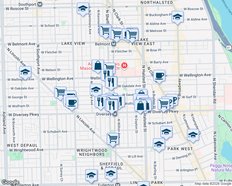 map of restaurants, bars, coffee shops, grocery stores, and more near 924 West Wolfram Street in Chicago
