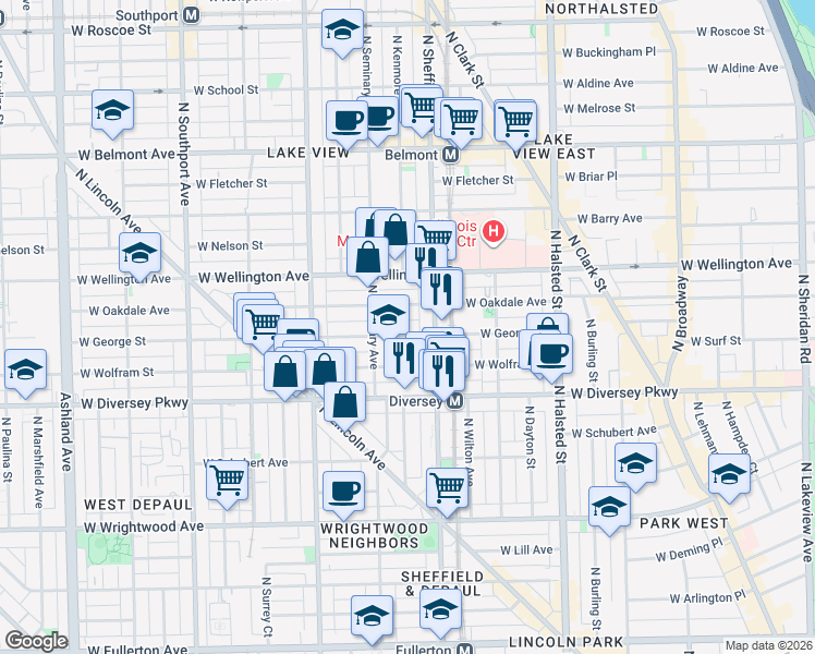 map of restaurants, bars, coffee shops, grocery stores, and more near 2851 North Seminary Avenue in Chicago