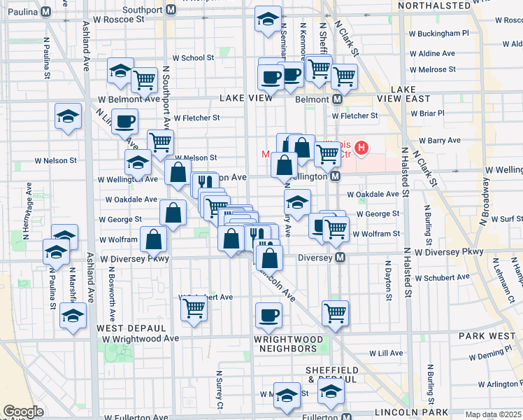map of restaurants, bars, coffee shops, grocery stores, and more near 2849 North Racine Avenue in Chicago