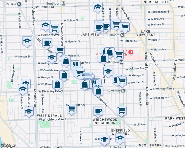 map of restaurants, bars, coffee shops, grocery stores, and more near 2849 North Racine Avenue in Chicago