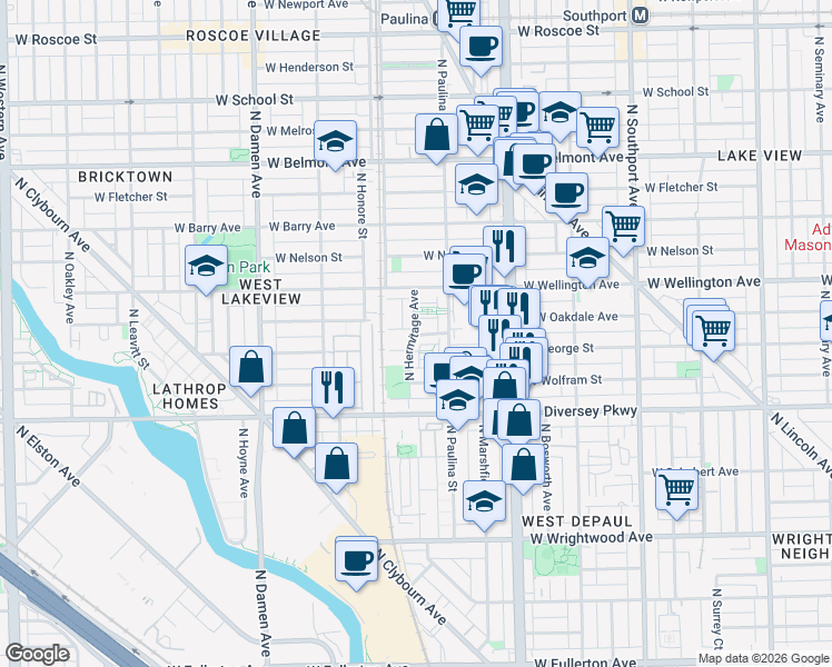 map of restaurants, bars, coffee shops, grocery stores, and more near 2857 North Hermitage Avenue in Chicago