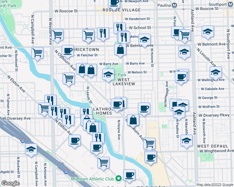 map of restaurants, bars, coffee shops, grocery stores, and more near 2029 West George Street in Chicago