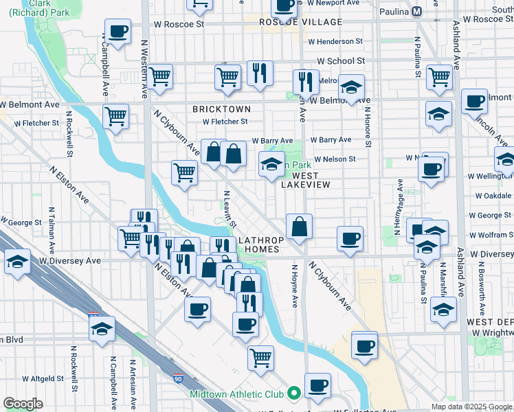 map of restaurants, bars, coffee shops, grocery stores, and more near 2890 North Clybourn Avenue in Chicago