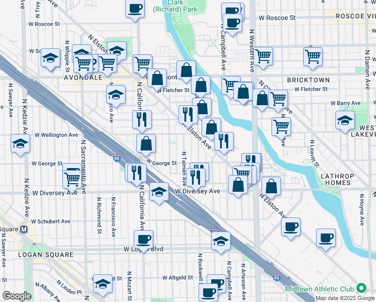 map of restaurants, bars, coffee shops, grocery stores, and more near 2900 North Rockwell Street in Chicago