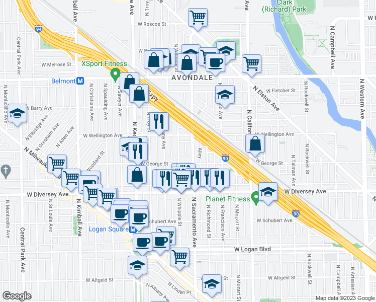 map of restaurants, bars, coffee shops, grocery stores, and more near 3022 West George Street in Chicago