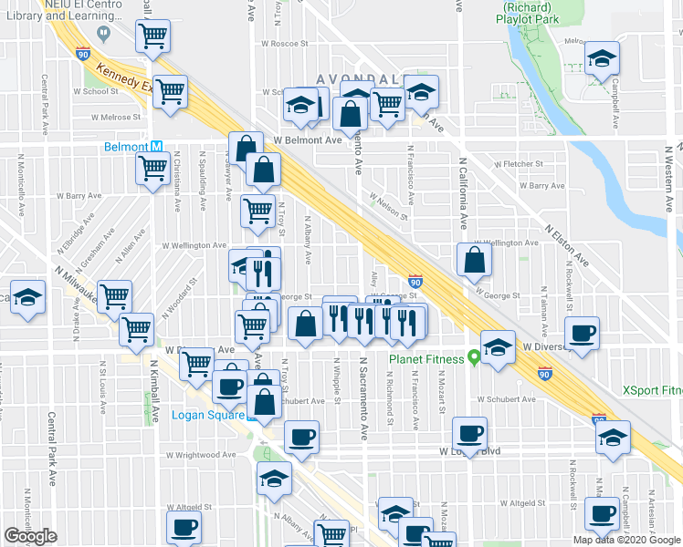 map of restaurants, bars, coffee shops, grocery stores, and more near 3022 West George Street in Chicago