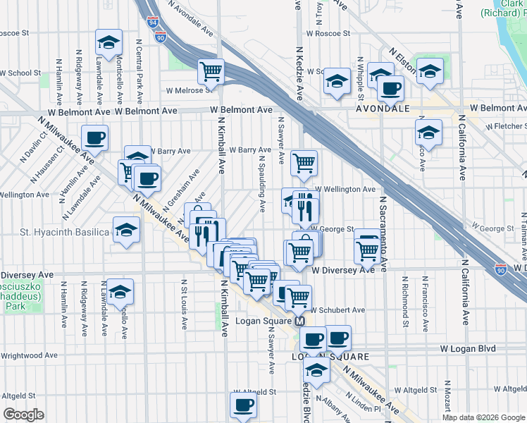 map of restaurants, bars, coffee shops, grocery stores, and more near 3246 West George Street in Chicago