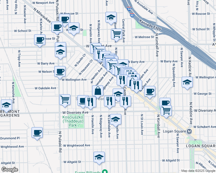 map of restaurants, bars, coffee shops, grocery stores, and more near 3706 West George Street in Chicago