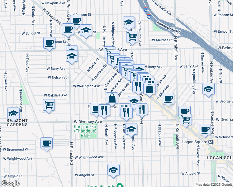 map of restaurants, bars, coffee shops, grocery stores, and more near 3706 West George Street in Chicago