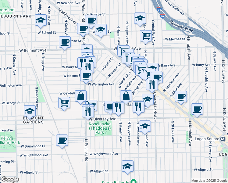 map of restaurants, bars, coffee shops, grocery stores, and more near 3816 West George Street in Chicago