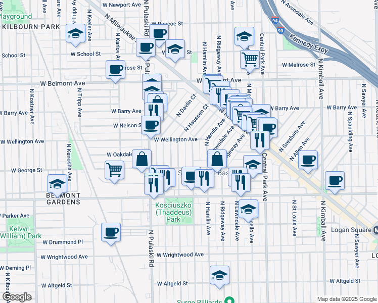 map of restaurants, bars, coffee shops, grocery stores, and more near 3816 West George Street in Chicago