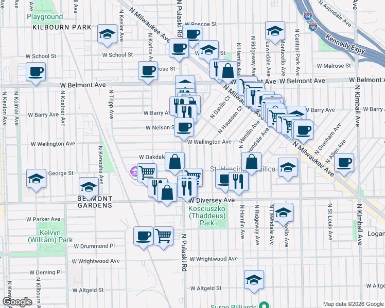 map of restaurants, bars, coffee shops, grocery stores, and more near 2910 North Harding Avenue in Chicago