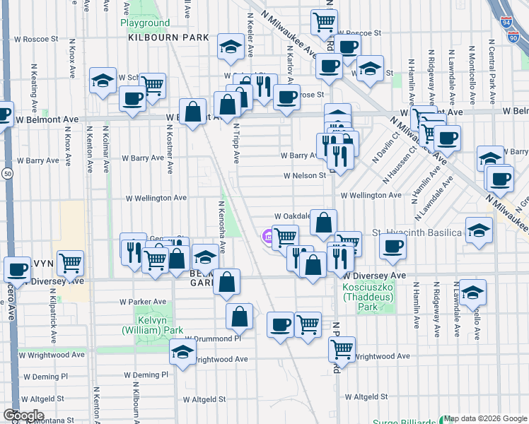 map of restaurants, bars, coffee shops, grocery stores, and more near 2916 North Kearsarge Avenue in Chicago