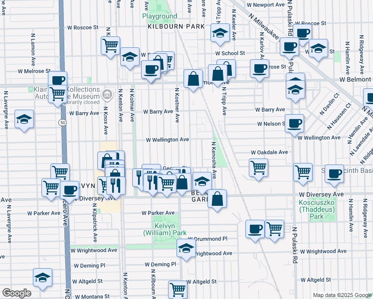 map of restaurants, bars, coffee shops, grocery stores, and more near 2913 North Kostner Avenue in Chicago