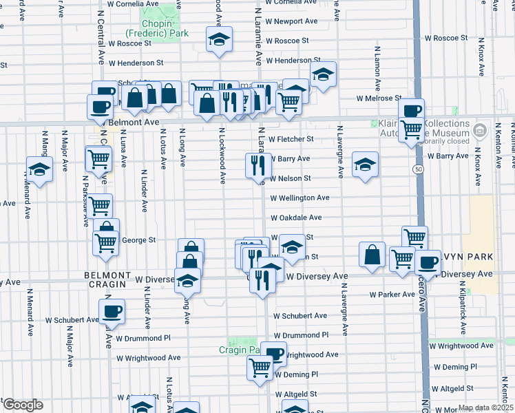map of restaurants, bars, coffee shops, grocery stores, and more near 5225 West Oakdale Avenue in Chicago