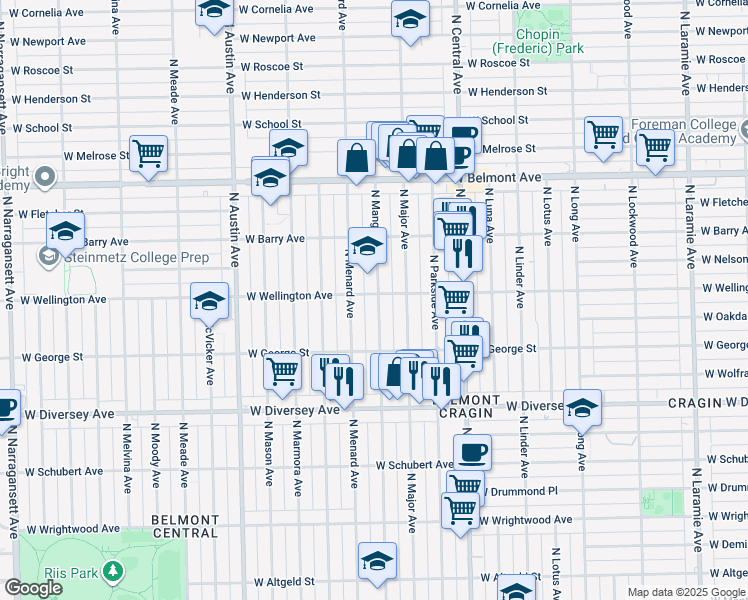map of restaurants, bars, coffee shops, grocery stores, and more near 2931 North Mango Avenue in Chicago