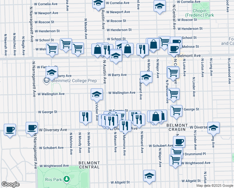 map of restaurants, bars, coffee shops, grocery stores, and more near 2934 North Marmora Avenue in Chicago